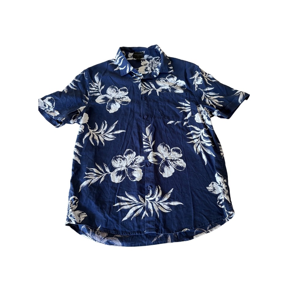 Magaschoni Man Navy Blue White Floral Hibiscus Linen Blend Shirt Medium